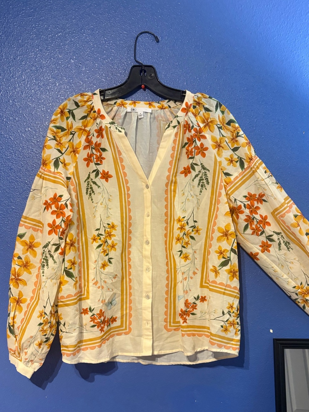 DR2 Cream Floral Button-Front Peasant Blouse with Yellow & Orange Accents